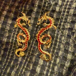 Red and Gold Dragon Earrings Chinese Mah Jong